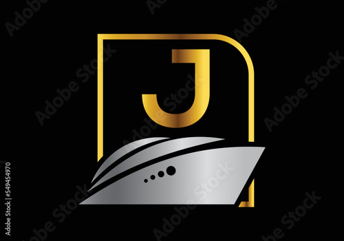 Letter J with the ship, cruise, or boat logo design template, icon sign symbol ocean waves vector illustration.
