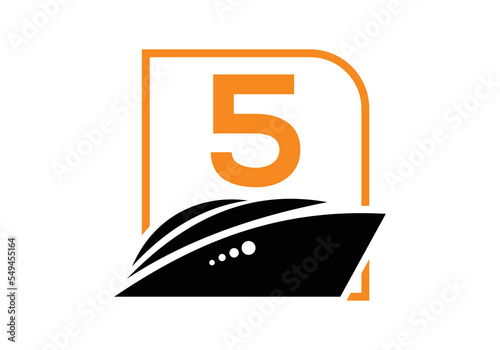 Letter 5 with the ship, cruise, or boat logo design template, icon sign symbol ocean waves vector illustration.