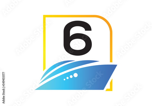 Letter 6 with the ship, cruise, or boat logo design template, icon sign symbol ocean waves vector illustration.