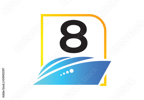 Letter 8 with the ship, cruise, or boat logo design template, icon sign symbol ocean waves vector illustration.