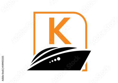 Letter K with the ship, cruise, or boat logo design template, icon sign symbol ocean waves vector illustration.