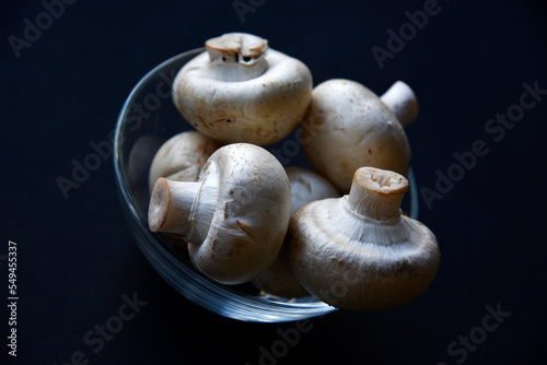 Porcini mushrooms in a white plate on a black background. Fruits of large white champignons close-up. Beautiful mushrooms in a plate.