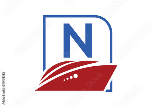 Letter N with the ship, cruise, or boat logo design template, icon sign symbol ocean waves vector illustration.
