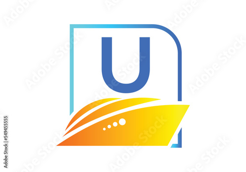 Letter U with the ship, cruise, or boat logo design template, icon sign symbol ocean waves vector illustration.