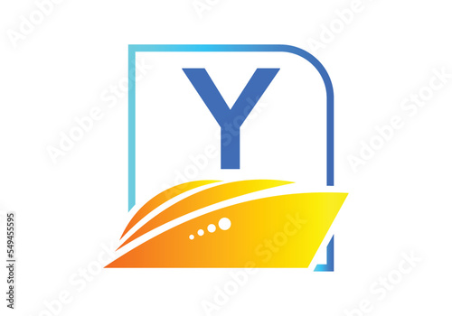 Letter Y with the ship, cruise, or boat logo design template, icon sign symbol ocean waves vector illustration.