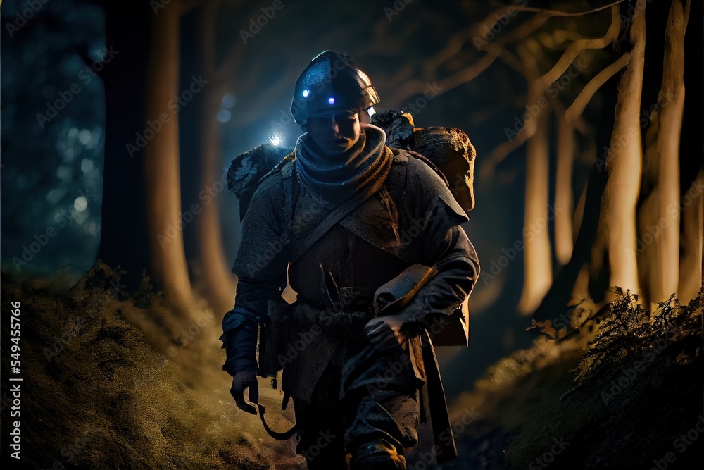 Fototapeta premium fantasy character traveler in forest with fog 