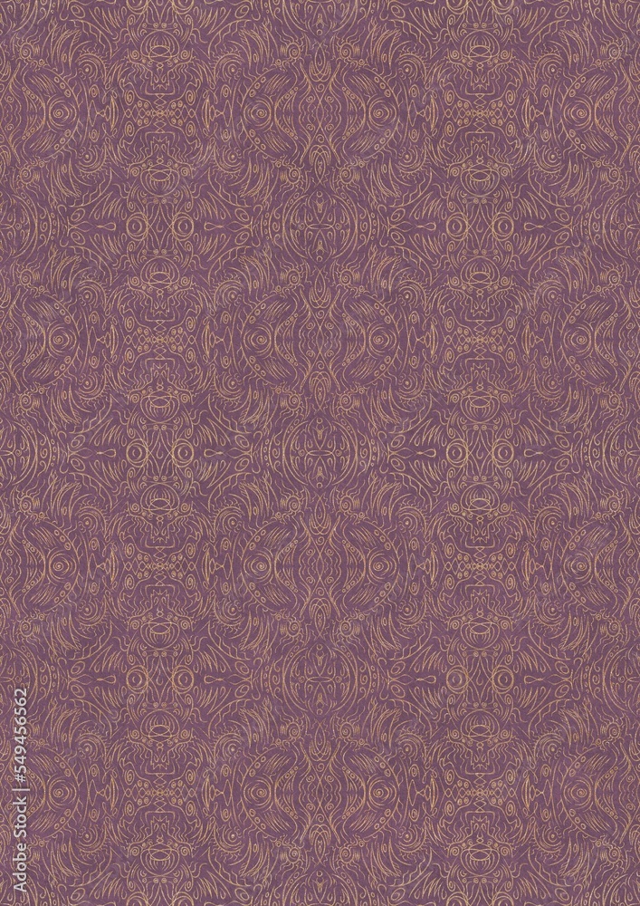Hand-drawn unique abstract symmetrical seamless gold ornament on a purple background. Paper texture. Digital artwork, A4. (pattern: p03e) Hand-drawn unique abstract symmetrical seamless gold ornament on a purple background. Paper texture. Digital artwork, A4. (pattern: p03e)