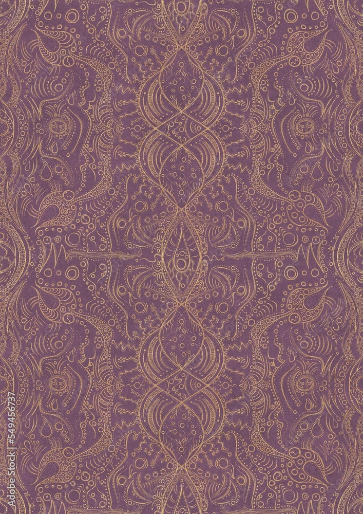Hand-drawn unique abstract symmetrical seamless gold ornament on a purple background. Paper texture. Digital artwork, A4. (pattern: p09d)