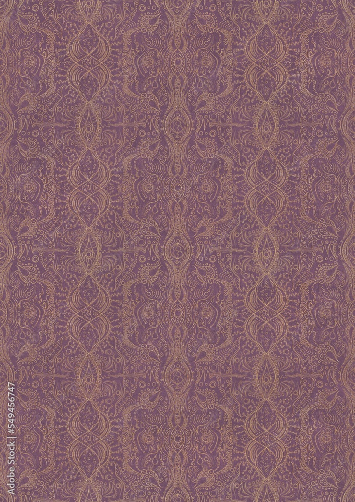 Hand-drawn unique abstract symmetrical seamless gold ornament on a purple background. Paper texture. Digital artwork, A4. (pattern: p09e) Hand-drawn unique abstract symmetrical seamless gold ornament on a purple background. Paper texture. Digital artwork, A4. (pattern: p09e)