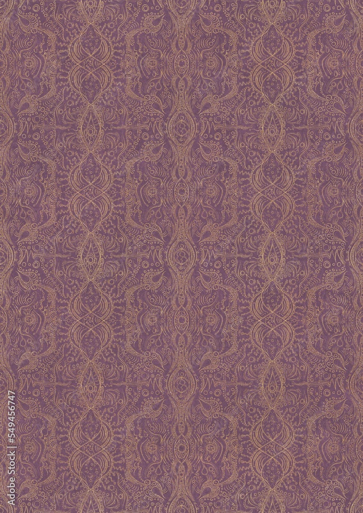 Hand-drawn unique abstract symmetrical seamless gold ornament on a purple background. Paper texture. Digital artwork, A4. (pattern: p09e)