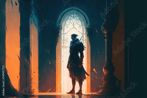 Warrior standing in the church ready to fight enemy. fantasy scenery. concept art.