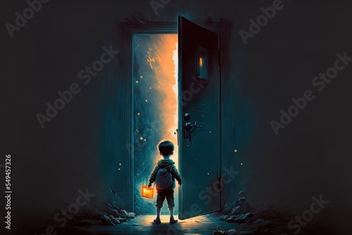 child standing in a dark place and opening a door to the fantasy world. fantasy scenery. concept art