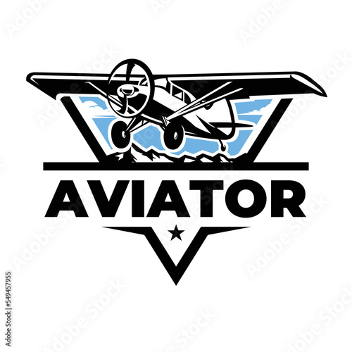 Premium Aviator Logo Emblem. Small Propeller Plane Aircraft Vector Isolated