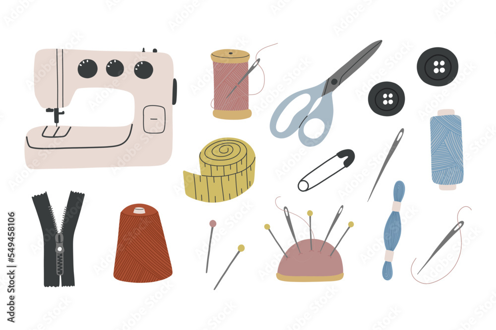 Set of objects for sewing,needlework,embroidery.Sewing machine,buttons, iron,spools of thread, scissors, needles in needle bar, meter, thimble, pin,zipper