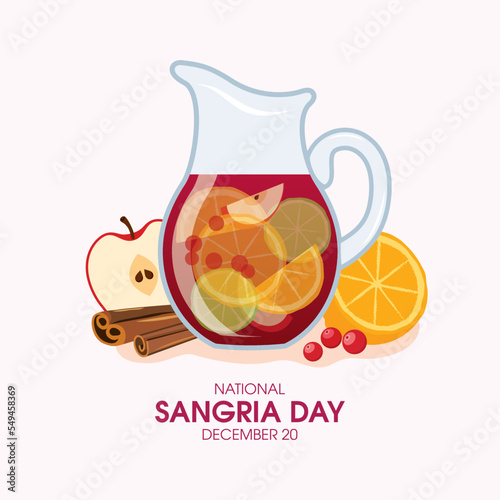 National Sangria Day vector. Pitcher of red sangria drawing. Sangria drink with cranberries and fruit still life vector. December 20. Important day