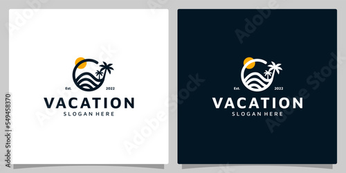 Vacation logo design template with Tropical beach and palm tree design vector illustration. icon, symbol, creative.