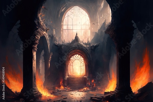 Firing in a ruined building. Fantasy scenery. Concept Art. Illustration. CG Artwork.