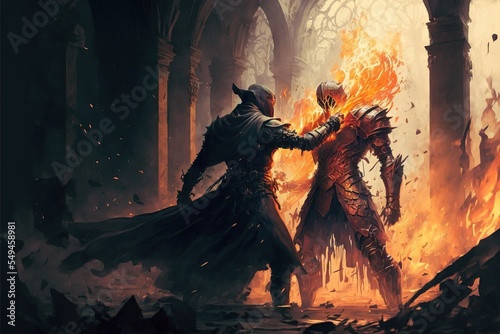 Warriors fighting each other in a fire ruined building. Fantasy scenery. Concept Art. Illustration. CG Artwork.