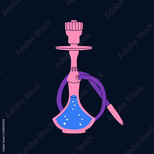 Hookah card. Modern drawing lounge bar or smoke shop poster, arabic tobacco smoking equipment. Calabash with glass flask and tube, bright contemporary vector cartoon flat isolated illustration