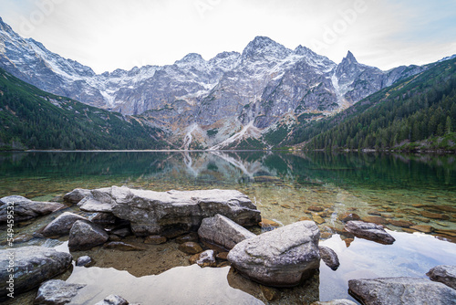 Morskie Oko or Sea Eye Lake, famous tourist destination in Tatra National Park, near Zakopane, Poland. Five Lakes Valley in mountains. Beautiful Polish landscape. No people.