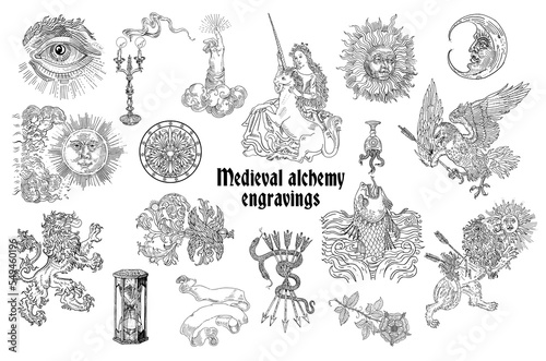 Set of gothic alchemical occult astrological motifs. Medieval engraving style. Sun, moon, heraldic lion, eagle, unicorn, snake, fantasy beasts, ornamental elements, candle, hourglass, masonic symbols. photo