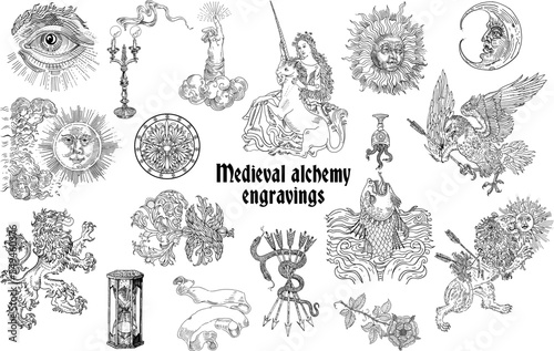 Set of gothic alchemical occult astrological motifs. Medieval engraving style. Sun, moon, heraldic lion, eagle, unicorn, snake, fantasy beasts, ornamental elements, candle, hourglass, masonic symbols.