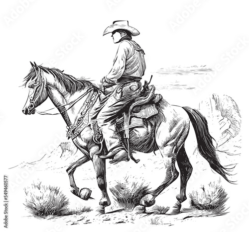 Cowboy on a horse retro engraved hand drawn sketch Vector illustration