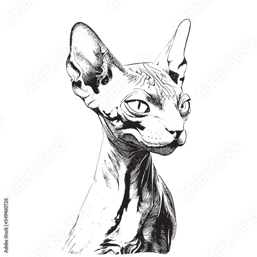 Sphynx cat portrait sketch hand drawn in engraved style Vector illustration.