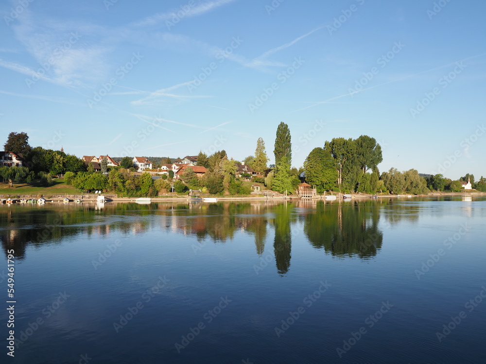 Waterfront of Rhine River in STEIN AM RHEIN town in SWITZERLAND