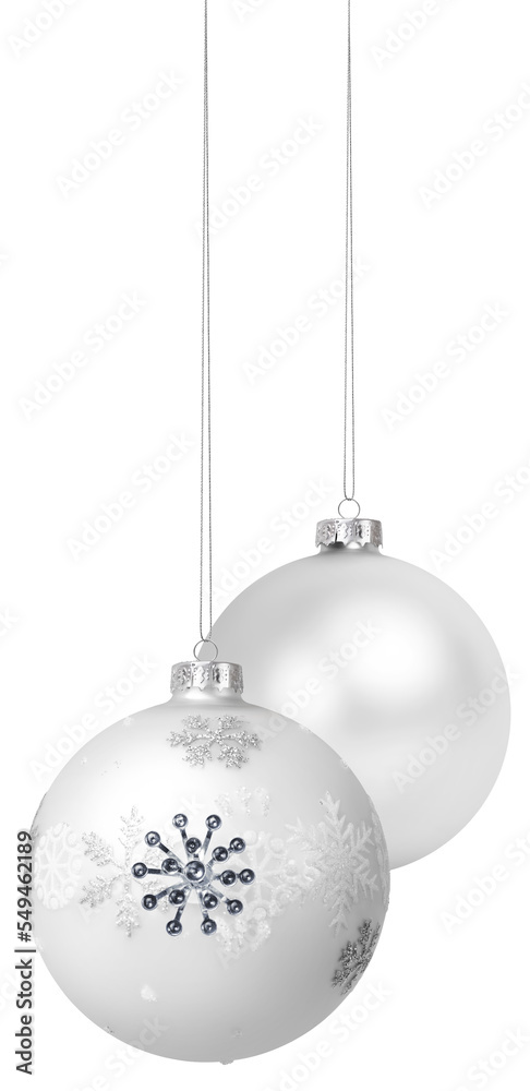 Merry Christmas hanging silver balls decorated with glitter beads snowflake pattern, isolated on white background, objects template for greeting gift card or promo advertising banner Merry Christmas hanging silver balls decorated with glitter beads snowflake pattern, isolated on white background, objects template for greeting gift card or promo advertising banner
