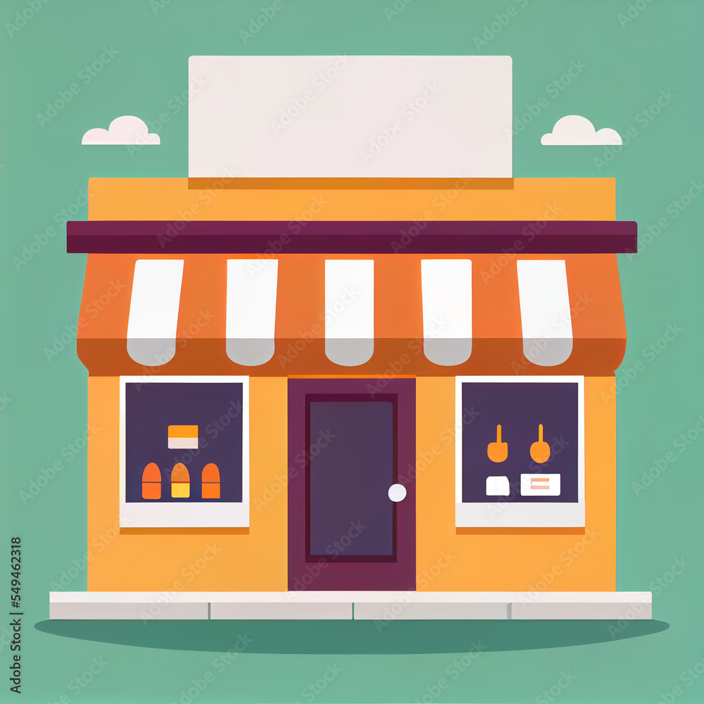Flat cartoon style shop facade front view. Modern flat storefront or supermarket design.