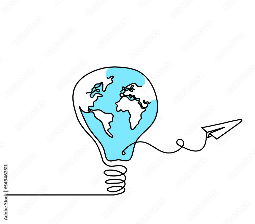 Abstract planet Earth in light bulb and paper plane as line drawing on white as background
