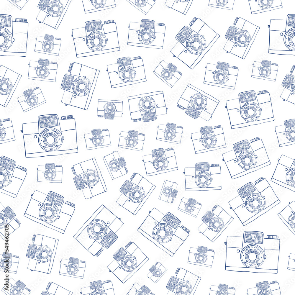 hand drawn vintage camera. blue linear art. seamless pattern on a white background