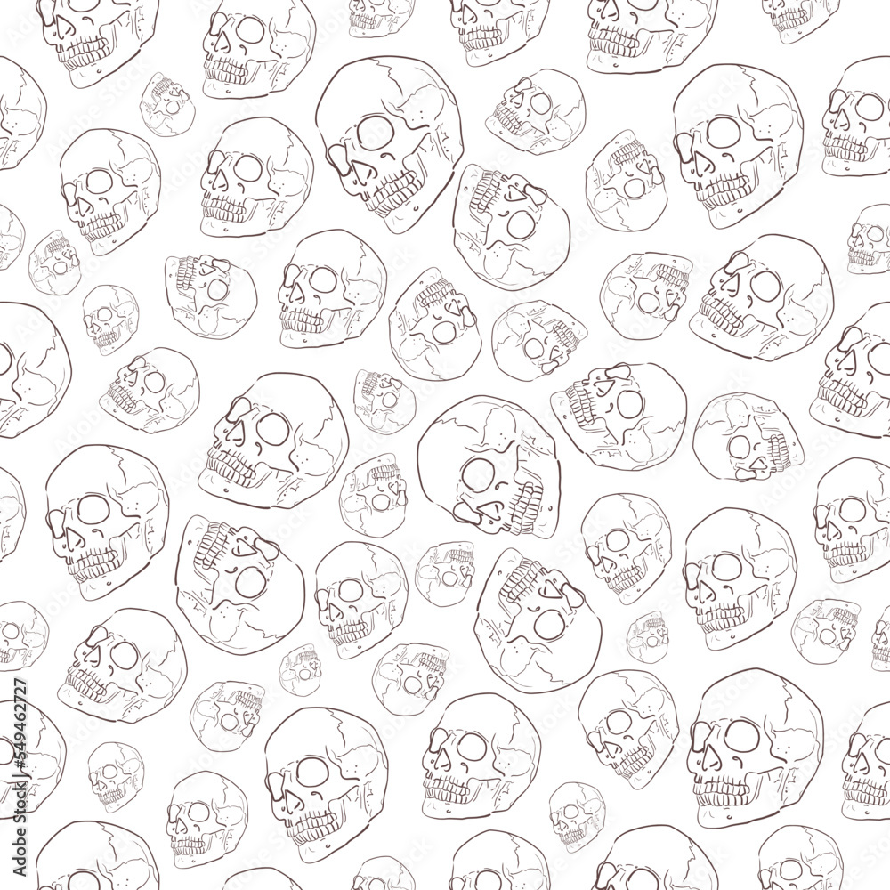hand drawn old human skull. brown linear art. seamless pattern on a white background
