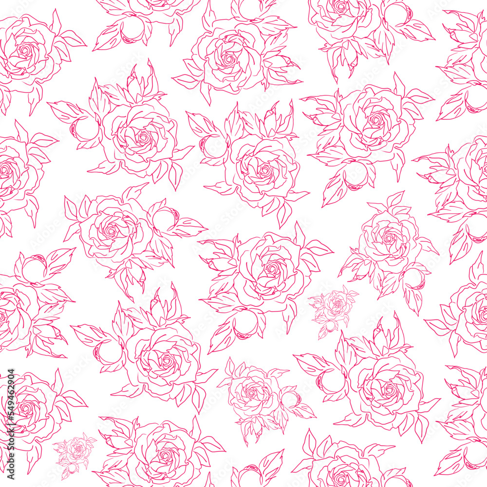 hand drawn rose. pink linear art. seamless pattern on a white background hand drawn rose. pink linear art. seamless pattern on a white background