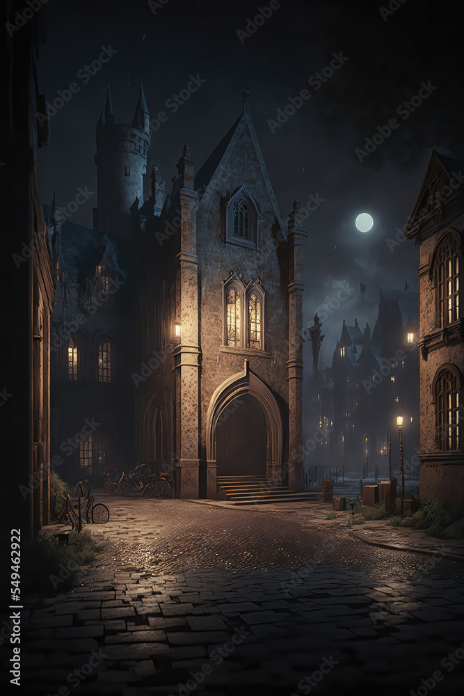 AI generated image of night at the town square of a fantasy medieval town, with cobblestone streets and tall towers