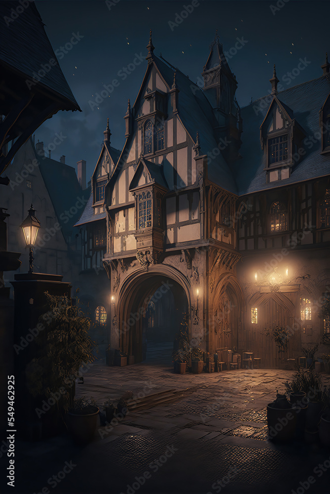 AI generated image of night at the town square of a fantasy medieval town, with cobblestone streets and tall towers