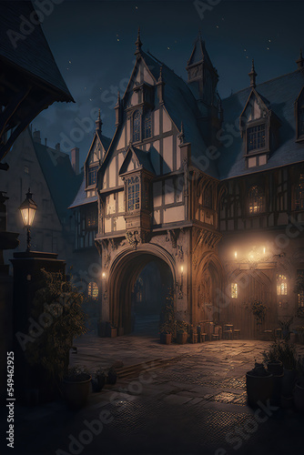 AI generated image of night at the town square of a fantasy medieval town  with cobblestone streets and tall towers