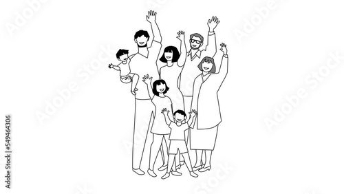 happy family waving , welcome cartoon, micro animation, hand drown, sketch, freehand, outline, lines, balsck and white, alpha channel.