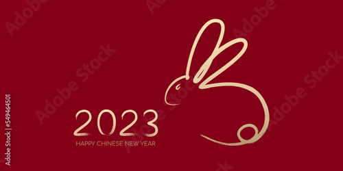 Happy Chinese New Year 2023, Year of the rabbit by brush stroke abstract paint continuous line gold gradient isolated on red background.