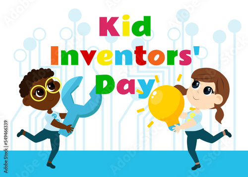 Kid Inventors Day. Cute boy and girl with light bulb and wrench and text Children's Invention Day in cartoon childish style.