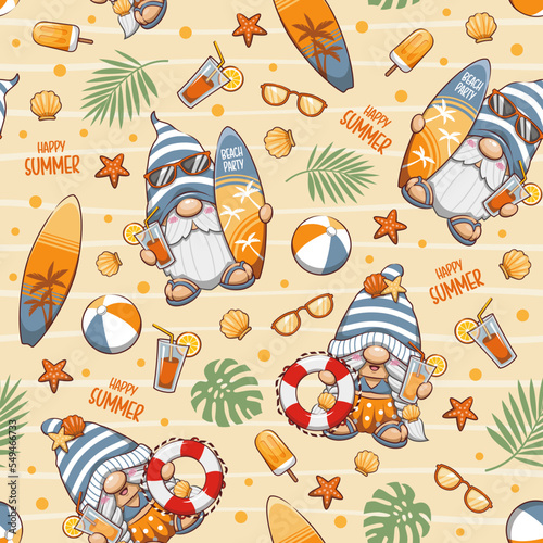 Seamless Pattern Happy Summer With Gnome. Cute Cartoon Illustration