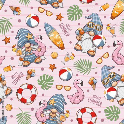 Seamless Pattern Hello Summer With Cute Gnome On Pink Background