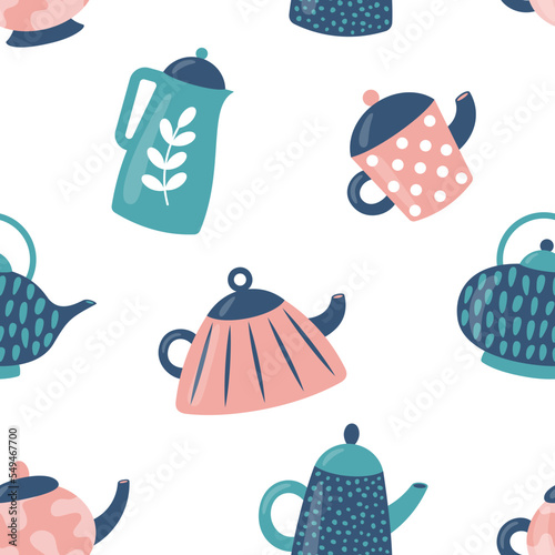 Seamless pattern with cute cartoon teapots in pastel colours. Kettles with different ornaments. Kitchen crockery or tea and coffee theme wallpaper. Vector illustration in flat style.