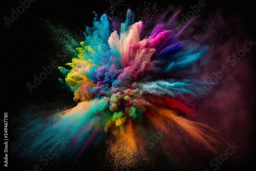 Colored powder explosion. Abstract closeup dust on backdrop. Colorful explode. Paint holi