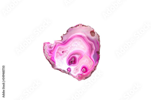 Pink agate macro detail white isolated background. close-up polished semi-precious gemstone copy space