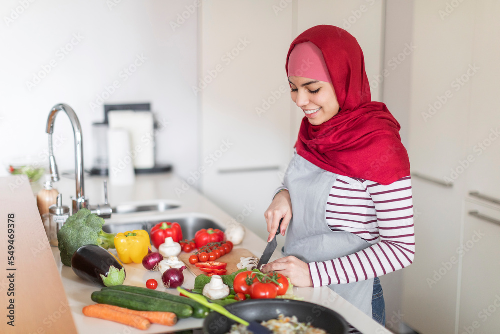 Pleasant middle eastern housewife preparing meal at kitchen, cutting vegetables Pleasant middle eastern housewife preparing meal at kitchen, cutting vegetables