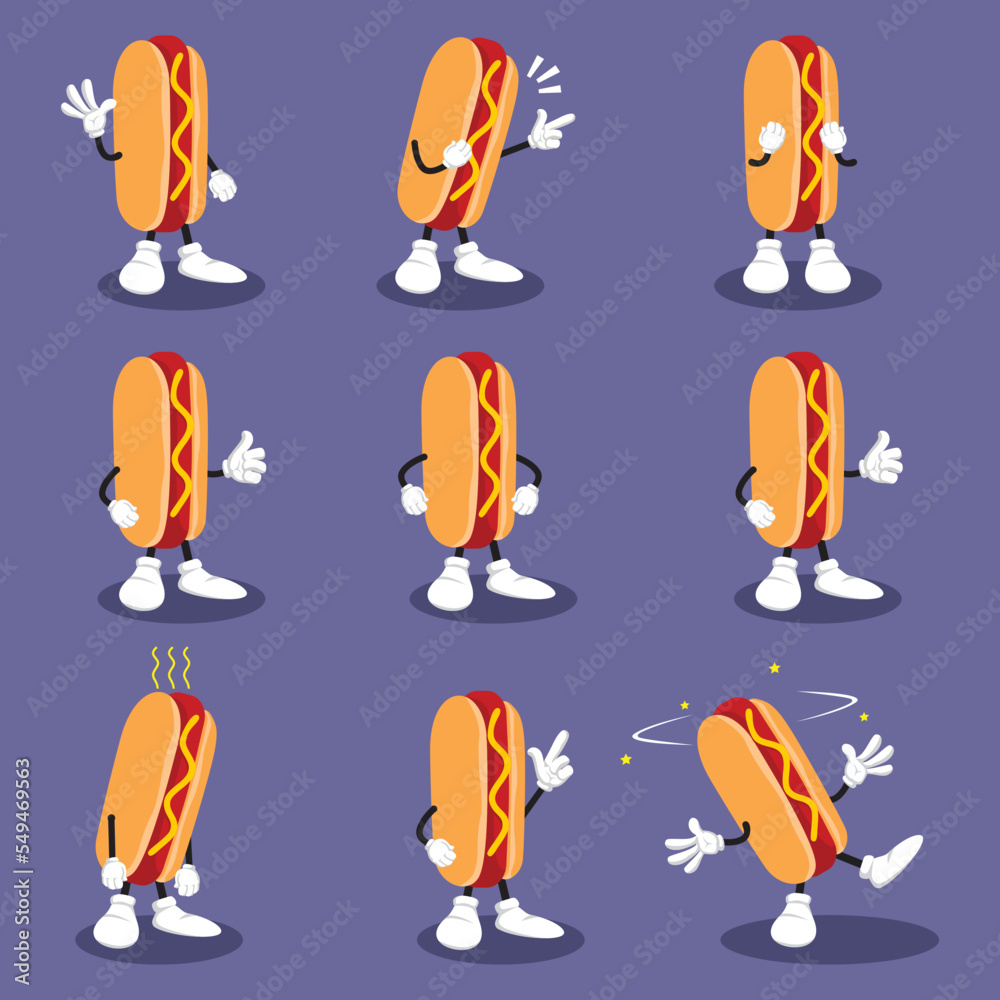 HotDog Mascot with Different Emotions set in Cartoon Style Vector. Funny Character. Figure Ilustration. Character Emoji. Cartoon Emoticon.
