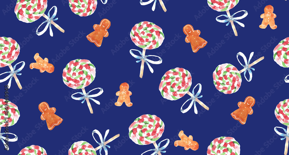 Fototapeta premium Lolypops, gingerbread cookies seamless pattern illustration design