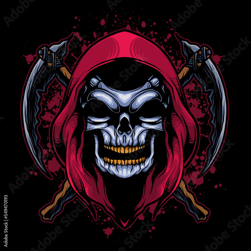 grim reaper head vector illustration with combination of crossed scythe and blood grunge background